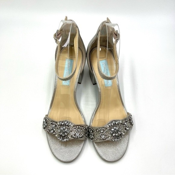 Blue Betsey Johnson Size 7 Mel Jeweled Silver Block Heels Dress Sandals Shoes - Picture 4 of 15